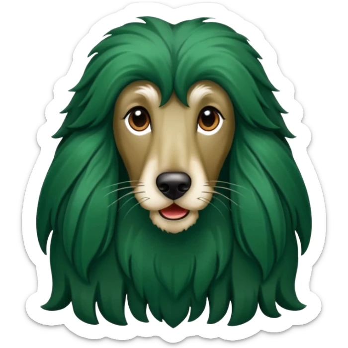 dark green dog extra furry afghan hound. The dog fur is totally dark green sticker