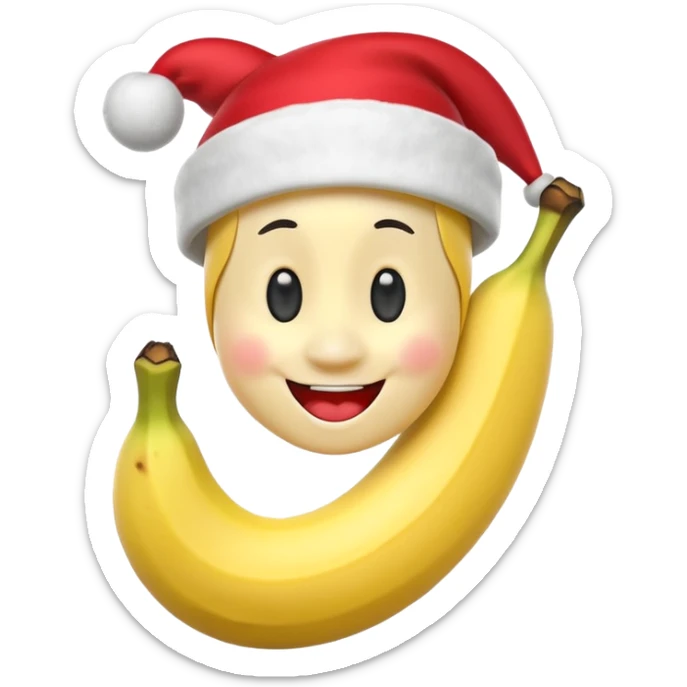 A 3D cartoon peeled banana with a red nose and tiny hat, smiling face, playful pose, Memoji-style. sticker