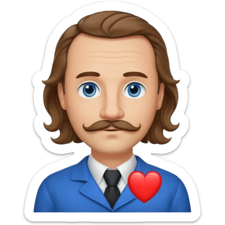 French writer Corneille, brown mi-long wavy hair, baldness on the forehead, moustache, goatee, dressed with a collar,blue eyes, one hand one the heart  sticker