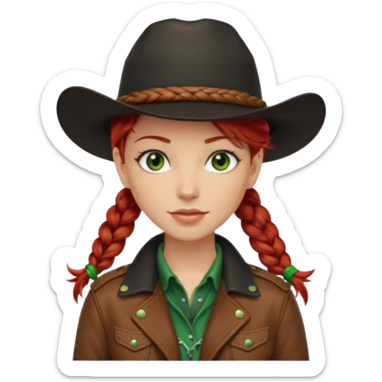 cowgirl with red hair green eyes black hat one braid in hair over right shoulder sticker