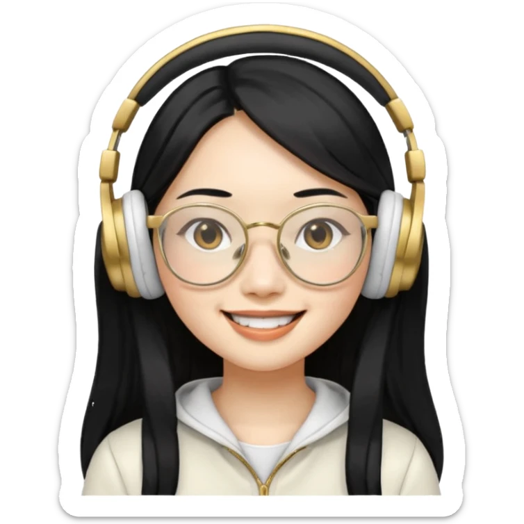 generate an asian female with long black hair, golden rim glasses, and a white headphones sticker