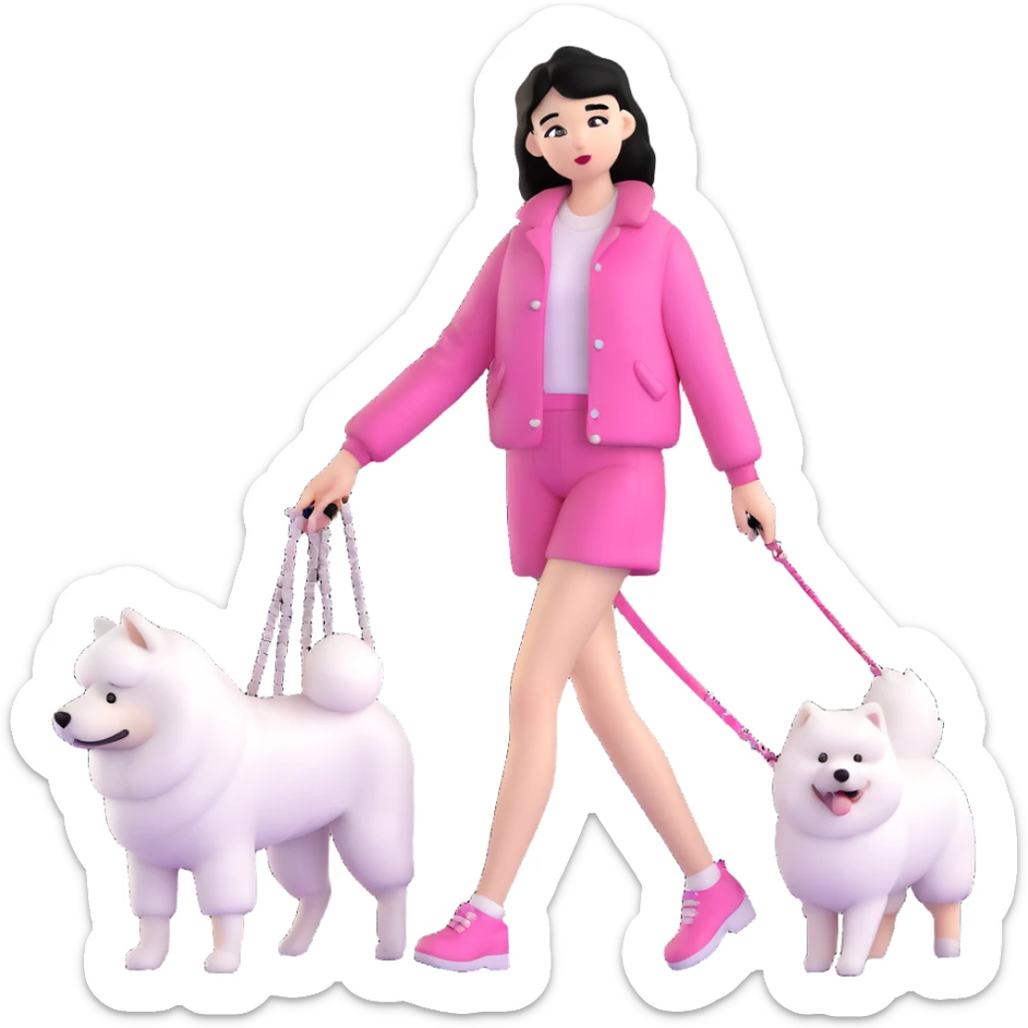 black-haired girl in pink Chanel style outfit with white Samoyed dog sticker