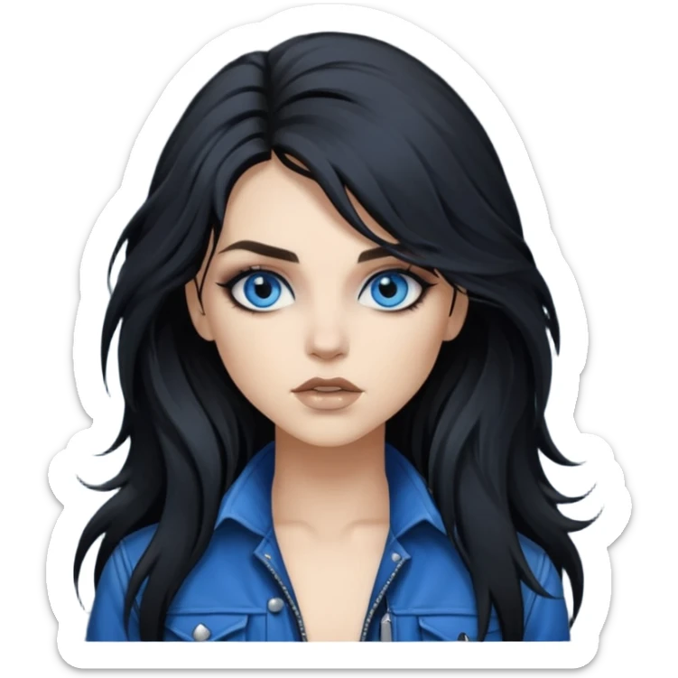 
 rockstar girl with long total black disheveled hair, blue eyes, Smokey eyes grunge makeup, rocking  sticker
