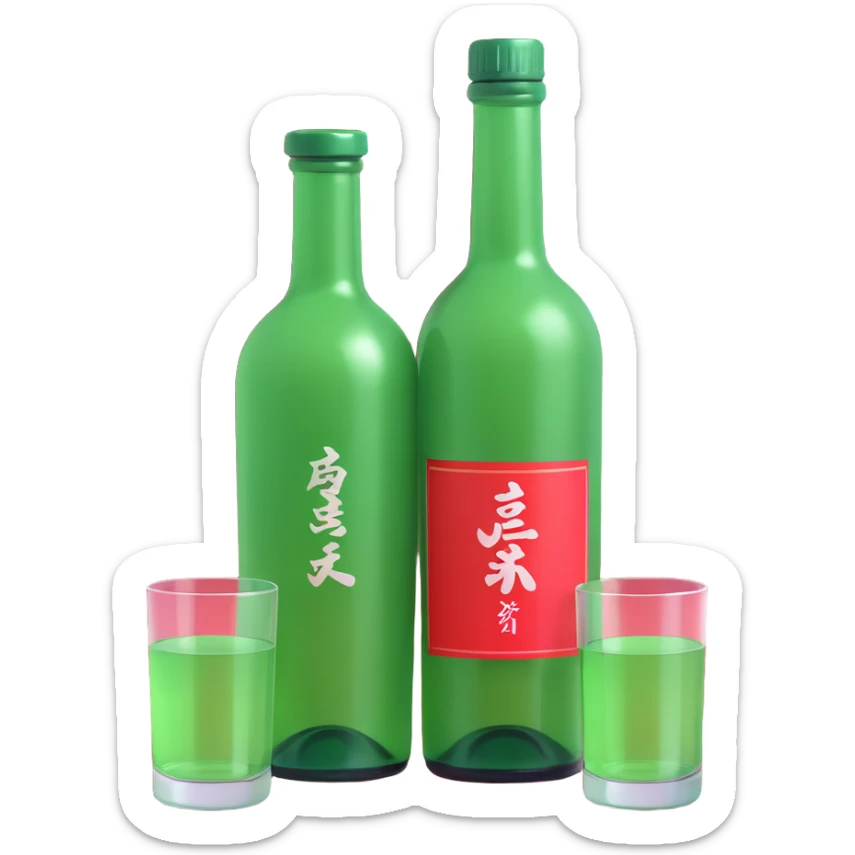 apple style 3D emoji of a green soju bottle and a small glass, shiny, soft shading sticker