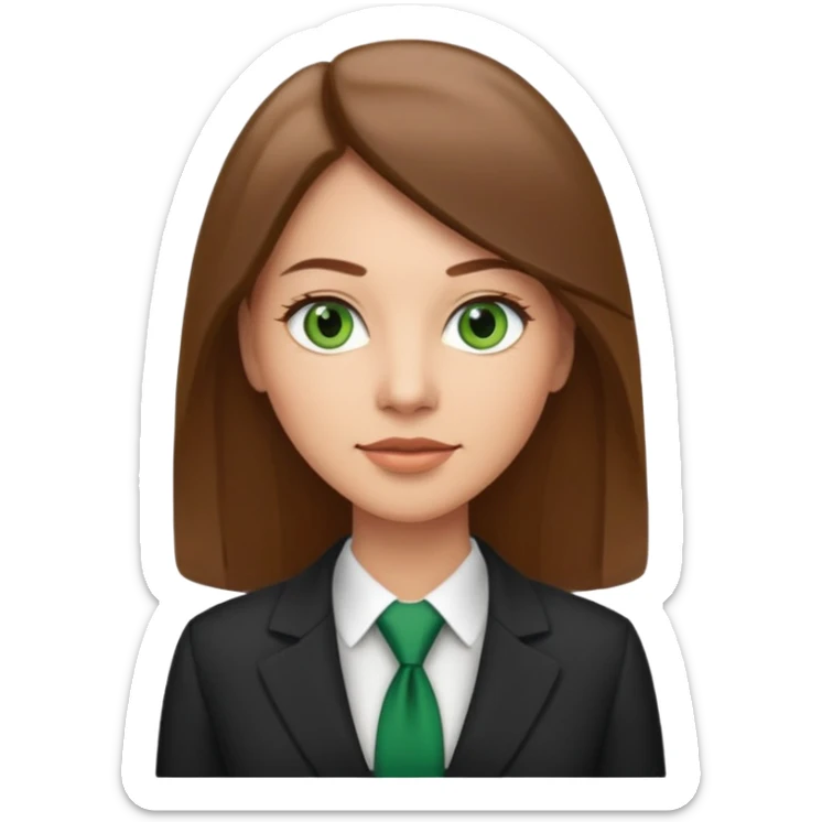 Adult woman avatar, light skin tone, oval face, straight long brown hair, green eyes, neutral mouth, business  sticker