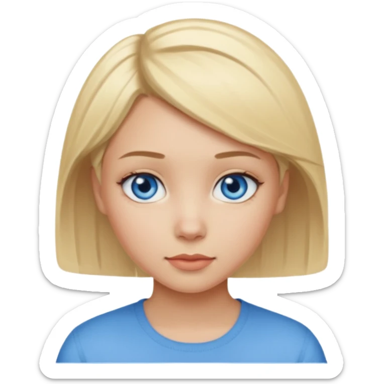 a girl light skin with blue eyes, blonde short hair and pretty sticker