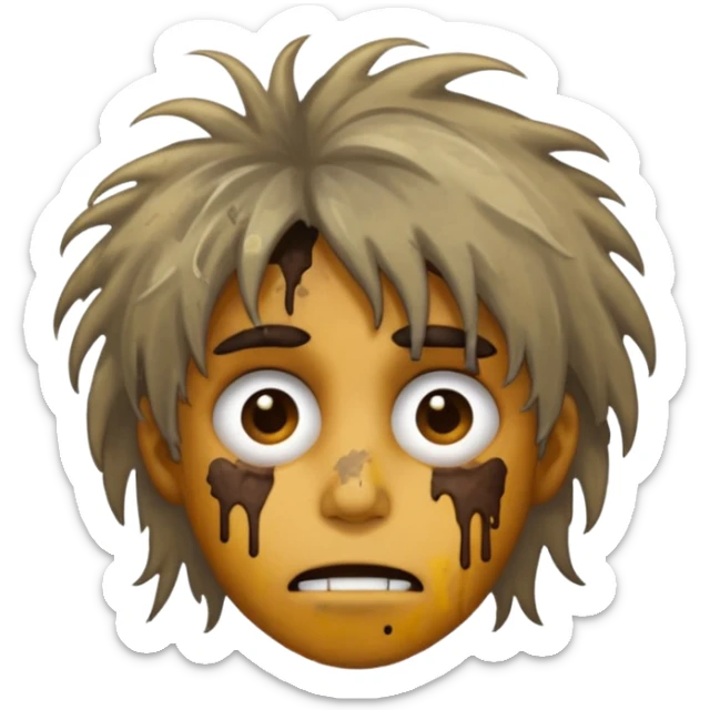 very dirty looking homeless person very very dirty and smelly looking face only, not old with stains everywhere and messy hair and lots of stains on face sticker
