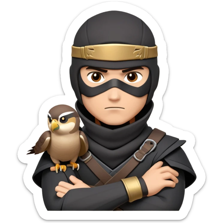 clash-of-clans-aesthetic_-cinematic-mysterious-male-ninja-portrait-emoji, rendered in a flat, vector-style with minimal shading and bold, simplified shapes, with a head slightly turned revealing intense, focused eyes. the ninja has his arm out and perched on top of his forarm is  a peregrin falcon  sticker