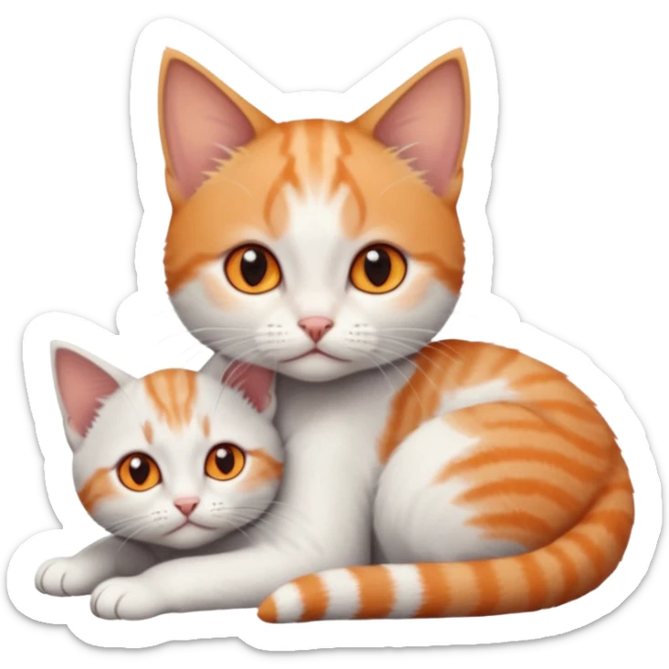 full body of very small + skinny ginger and white kitten with deep orange eyes and triangular shaped face lying down cuddling a grey and white kitten who is a bit bigger than him sticker
