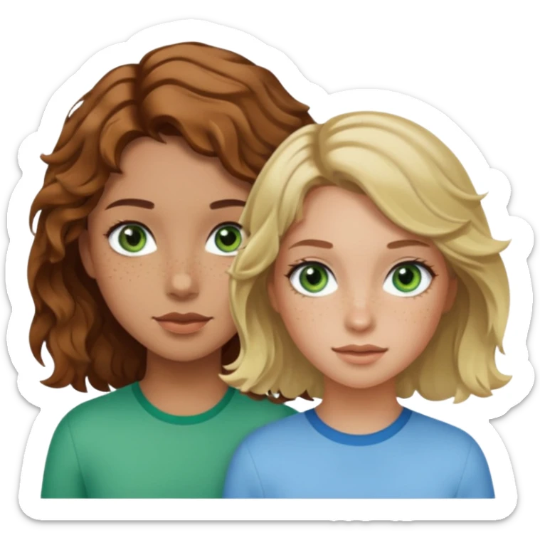 À girl with wavy brown hair, light tan skin and green eyes and freckles next to a girl with short blonde wavy hair, tan skin and light blue eyes sticker