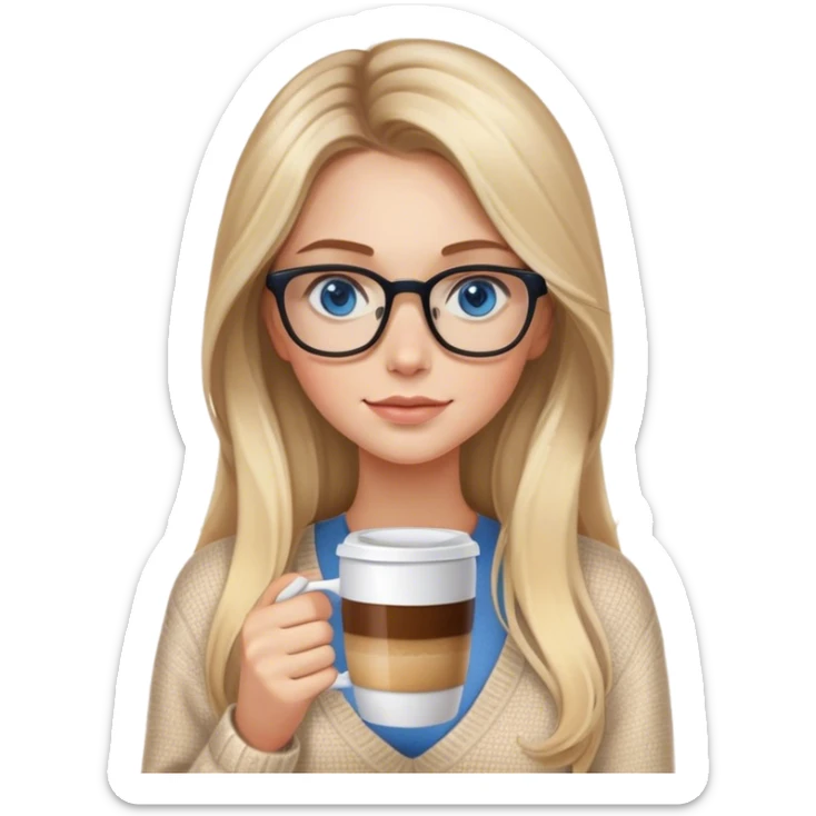 Blonde balayage long hair white women beige sweater blue eyes and small glasses holding coffee sticker