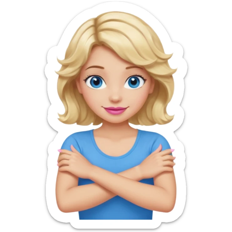 Girl Blonde short wavy hair,  blue eyes, cute blue top, long lashes, pink lips, smiling, making cross arms with arms  sticker