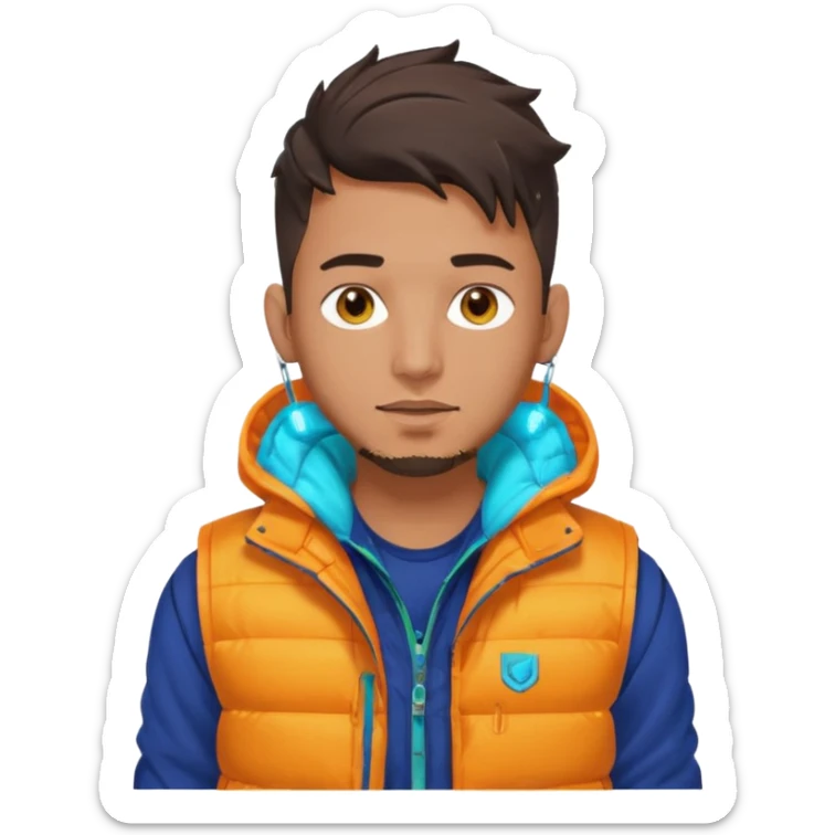 Cyberpunk street adult, hispanic, male, messy undercut, puffer vest over hoodie, glowing earpiece, light stubble, brown eyes, neon reflections sticker