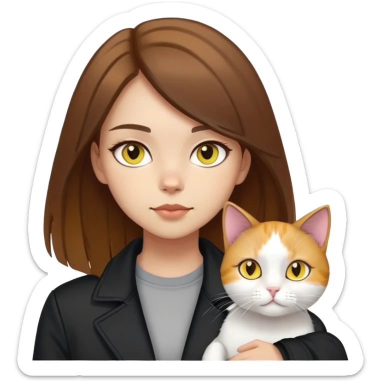 Light-skinned girl with brown straight hair wearing a black jacket, with a white cat with yellow eyes and a calico cat sticker