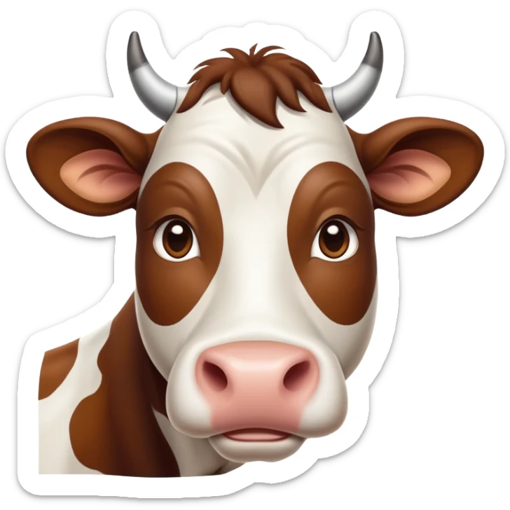 cinematic-noble-brown-and-white-cow-portrait-emoji,-poised-and-regal,-with-a-large,-sturdy-build-and-a-beautifully-patterned-hide-of-rich-brown-accented-by-crisp-white-patches,-deep-set-soulful-brown-eyes,-simplified-yet-sharp-and-sophisticated sticker