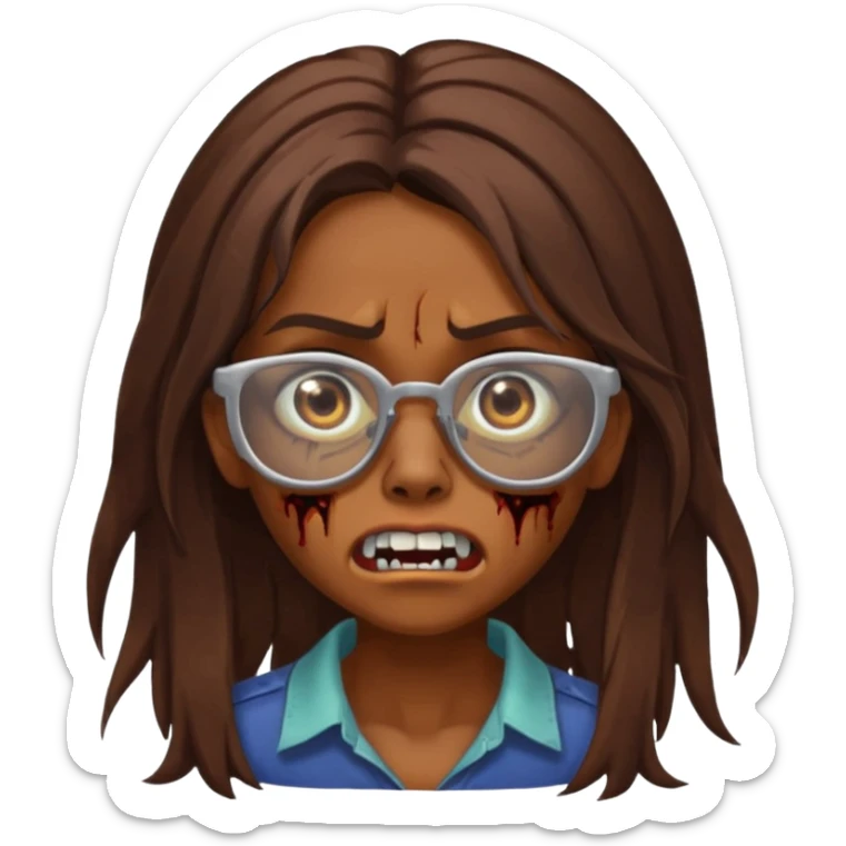 Girl zombie with brown long hair with teeth and serious face IOS style with glasses sticker