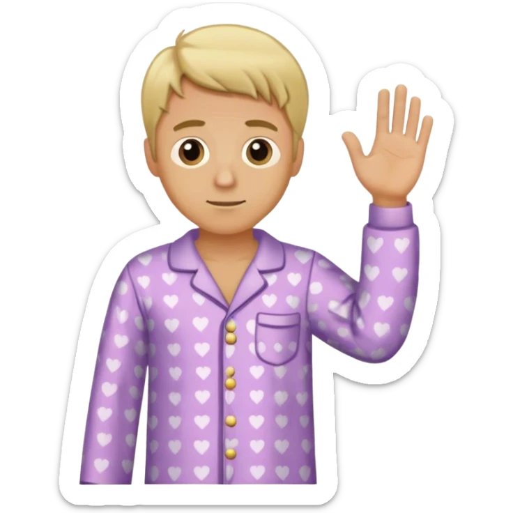 a blonde man with pjamas put his one hand to the left of his chest , sticker