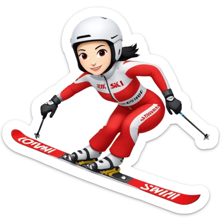 Skifahrerin Abfahrtshocke Anzug rot weiss beschriftet mit Stephanie Ski beschriftet mit Head schwarze Haare lächeln  sticker