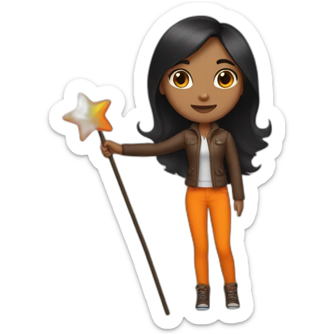 brown woman holding a orange star wand long black straight hair full length sticker