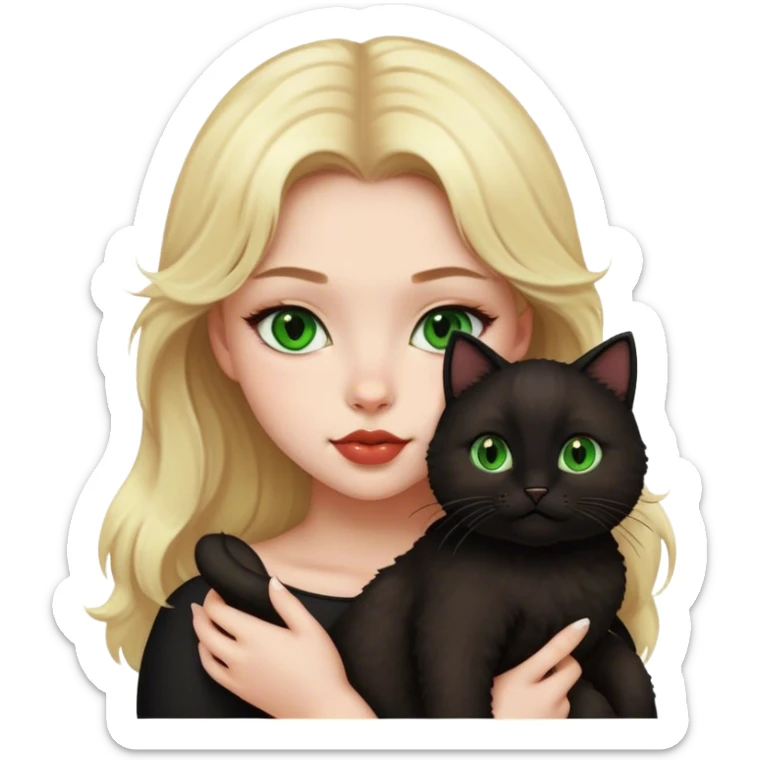 Create an iphone emoji of a blonde girl, with brown eyes and plump lips holding a black fluffy cat with green eyes sticker