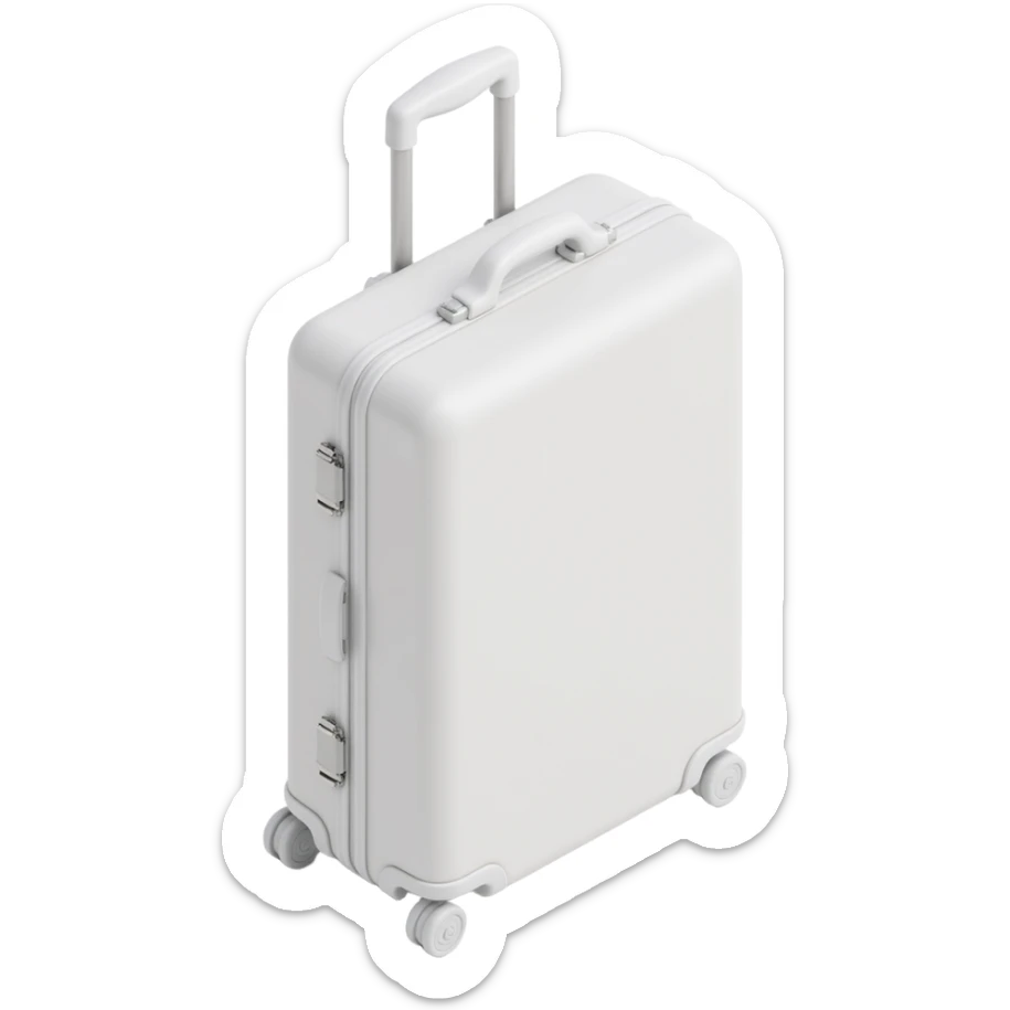 white suitcase on wheels, skeuomorphism style, realistic volume, soft shadows and highlights, pure white color, transparent background, no decoration sticker