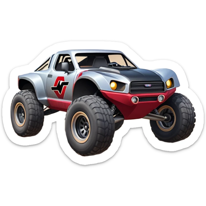 Satan’s and Vader (post race) Cabernet Dirty and dented Local Motors Rally Fighter off road race car hot rod trophy truck-style flying on a dusty road (silver wheels) sticker