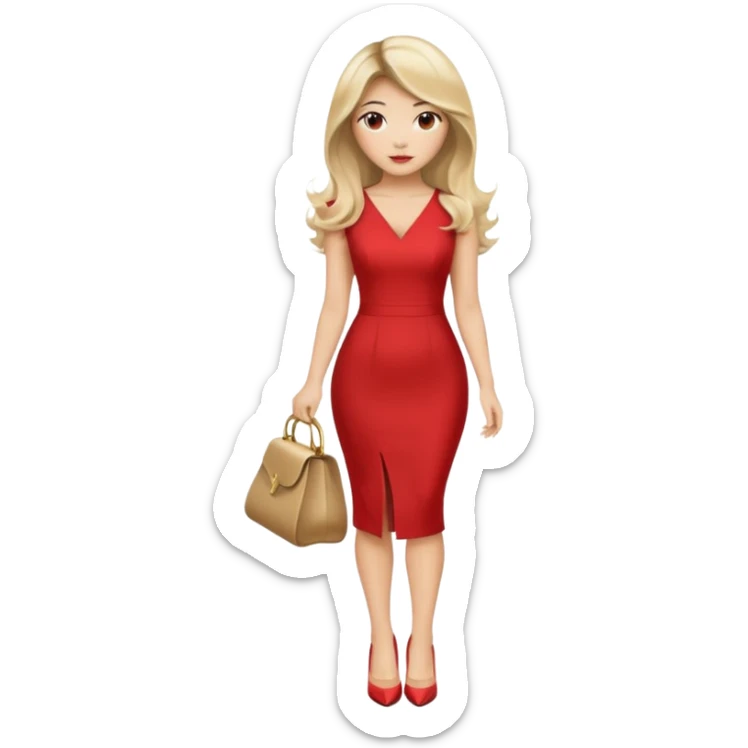 An Asian Lady with Voluminous balayage hair, blonde highlights in a red dress and beige heels  sticker