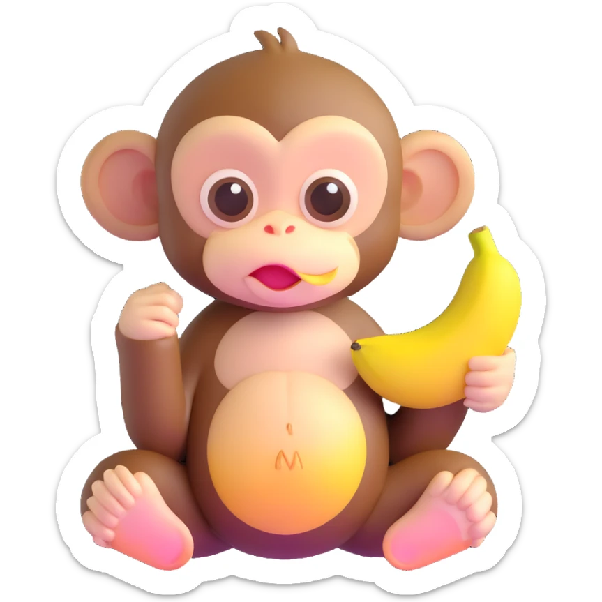 ultra cute baby monkey with enormous adorable eyes peeling a banana, pastel colors sticker