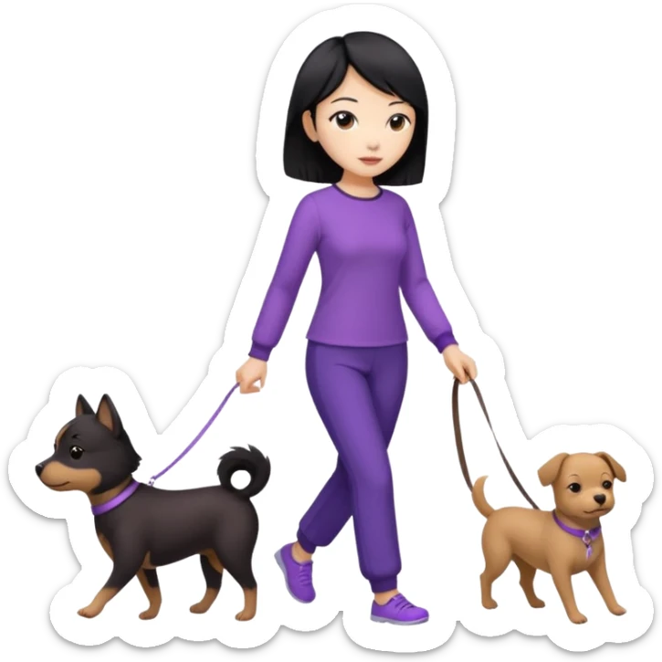 black hair Chinese woman wearing purple top and black pants walking a small brown dog sticker