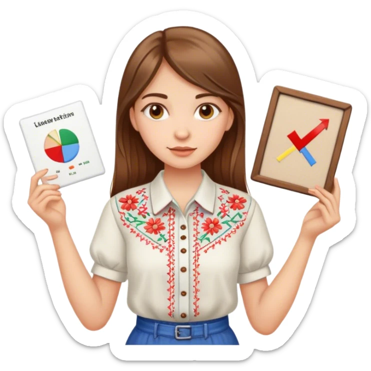 A Ukrainian girl with brown hair in an embroidered shirt holds a diagram sticker