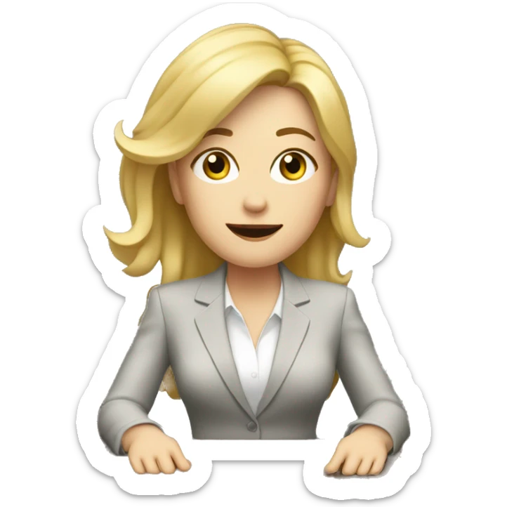 Blonde white woman wearing a suit sitting on the table telling the news towards the camera sticker