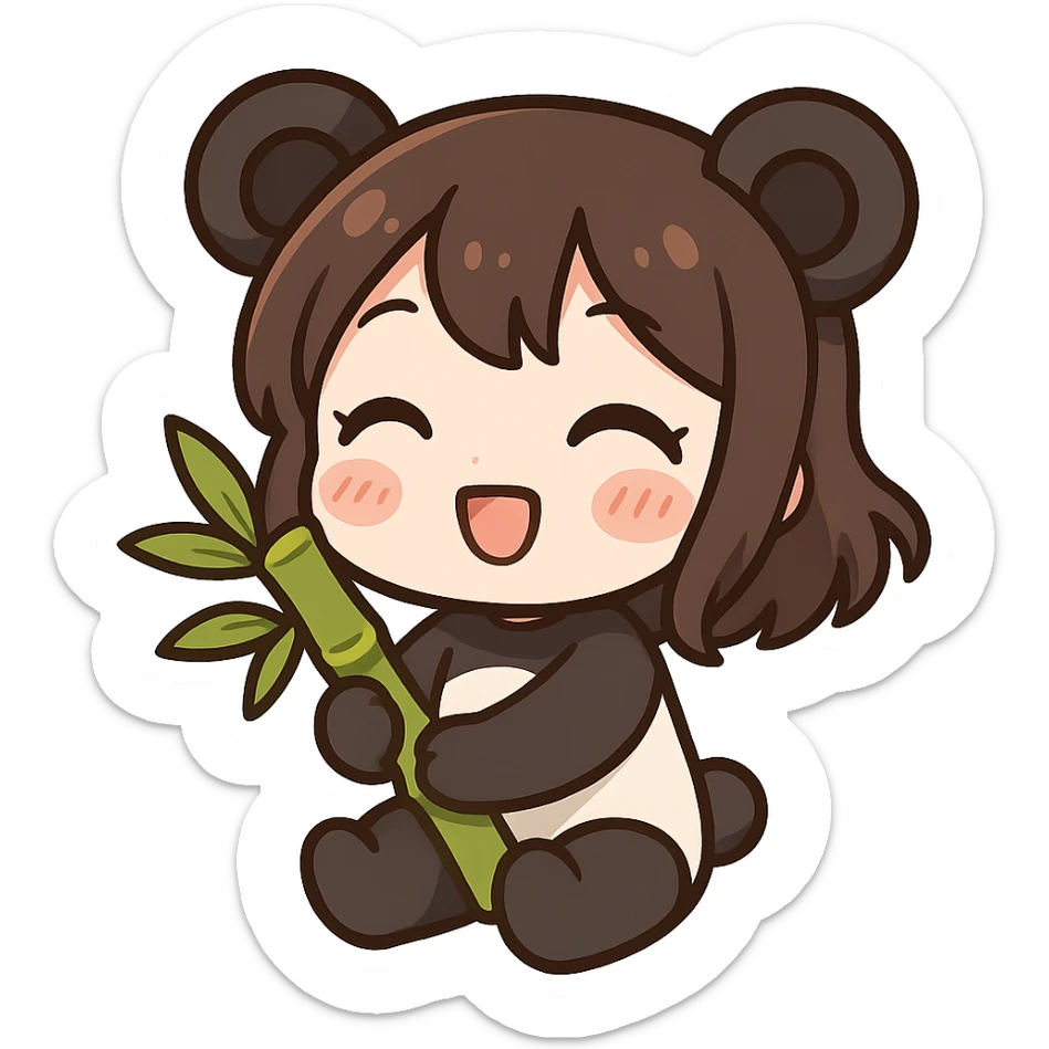 chibi stickers style panda girl with round ears and bamboo, cute and happy sticker