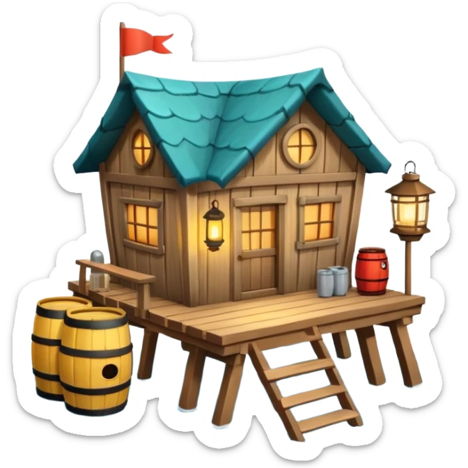
fisherman house on a wooden pier, small dock, fishing nets hanging, barrels, lantern, ocean vibe, 3D cartoon, cute mobile game icon, clean background, no text
 sticker
