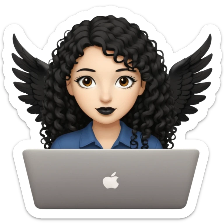 a girl typing mac book air with long black curly hair and brown eyes with winged black eyeliner sticker