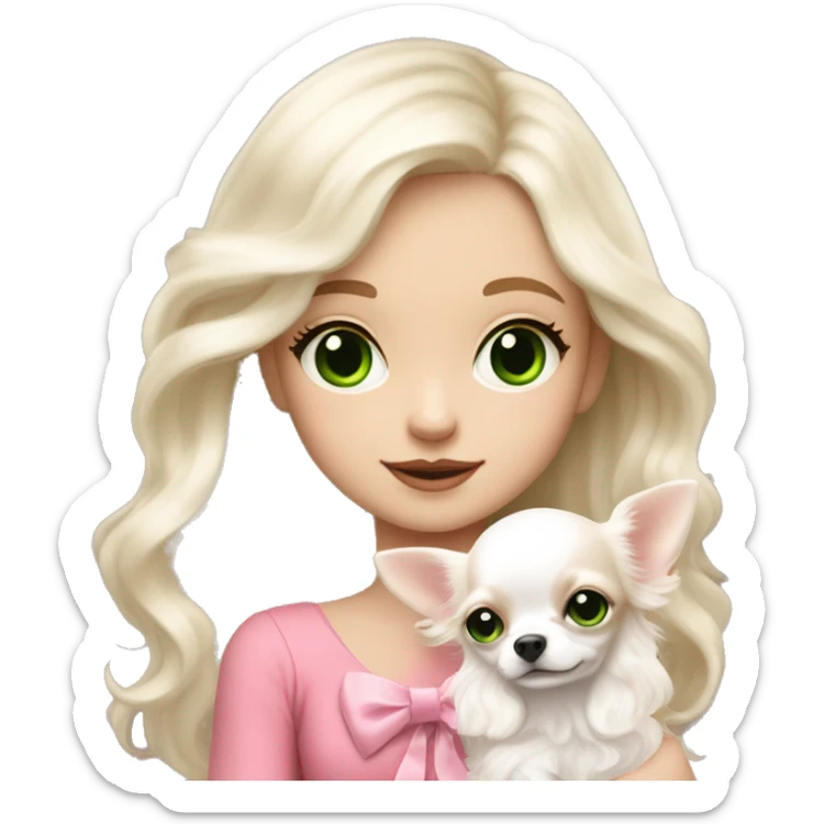 pale blond yt girl with wavy long platinum white hair with bright green eyes holding a white chihuahua puppy that wearing a pink bow sticker