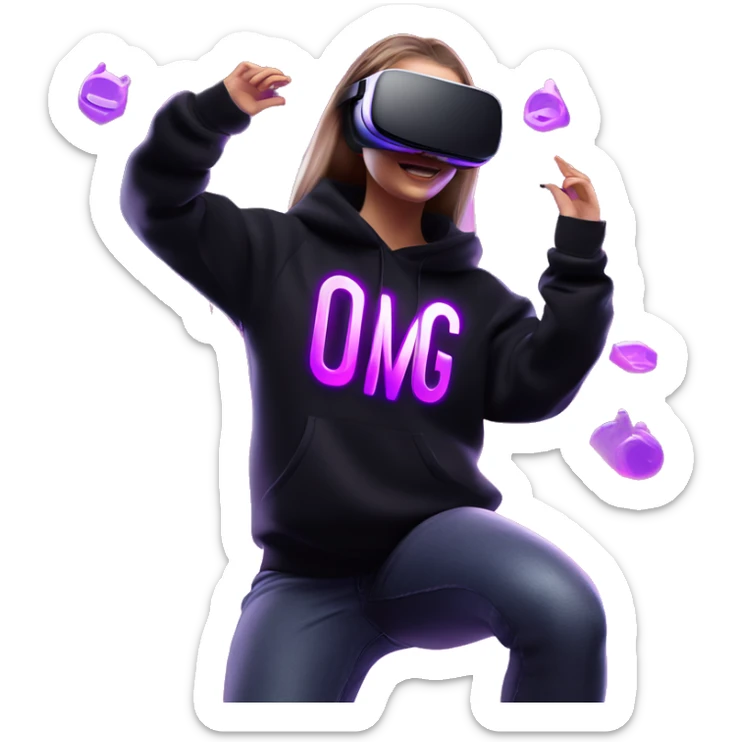 Russian girl wearing black hoody with violet letters "OMG", in vr headset oculus quest2. Dancing. Cyberpunk style. Violet neon. sticker