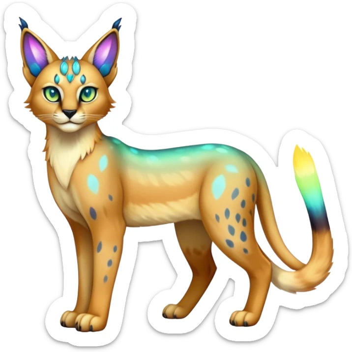 An iridescent transparent luminescent colorful fantasy-lynx-caracal-serval-fakemon-creature-hybrid sticker