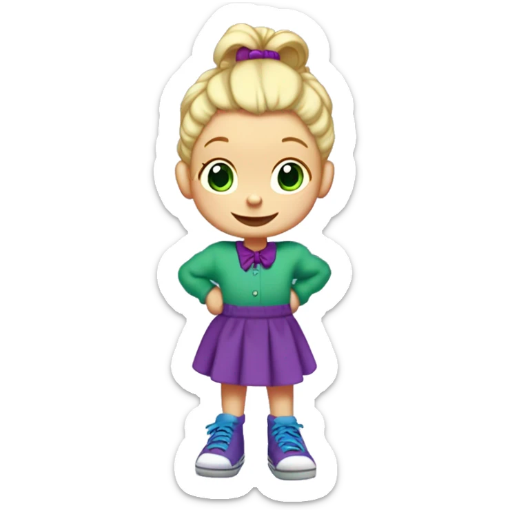 A little blonde girl with pigtails and little purple bows wearing a red long-sleeved shirt and purple overalls skirt with blue tights with green polka dots and purple sneakers, full body, rugrats sticker