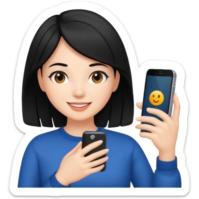 influencer girl black haired, phone in hand, recording herself, confident, trendy, sticker