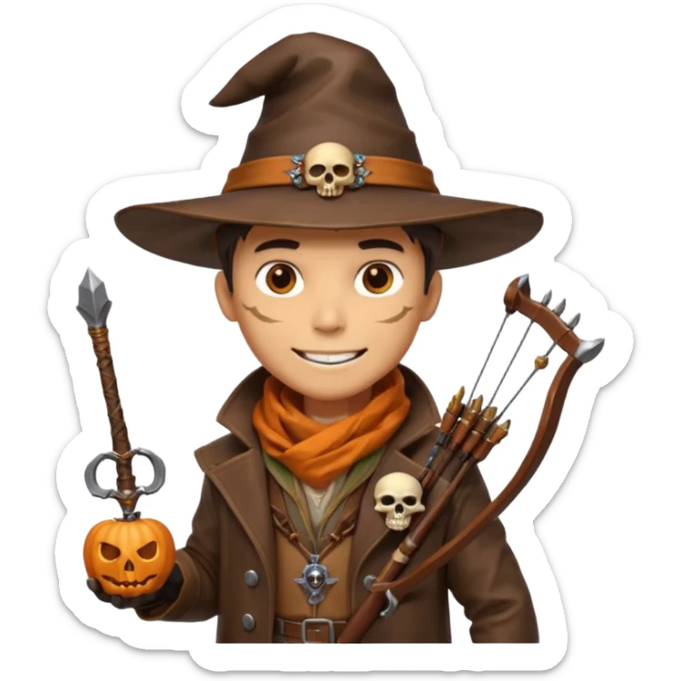 male human monster hunter emoji, wearing brown leather coat and wide hat, holding crossbow or rifle, with amulet shaped like skull, Halloween fantasy theme, confident smile, orange scarf, Apple emoji style, clean white background, square image sticker