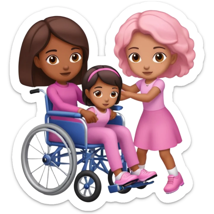 One tan skin sister pushing her brown skin sister in a pink wheelchair sticker