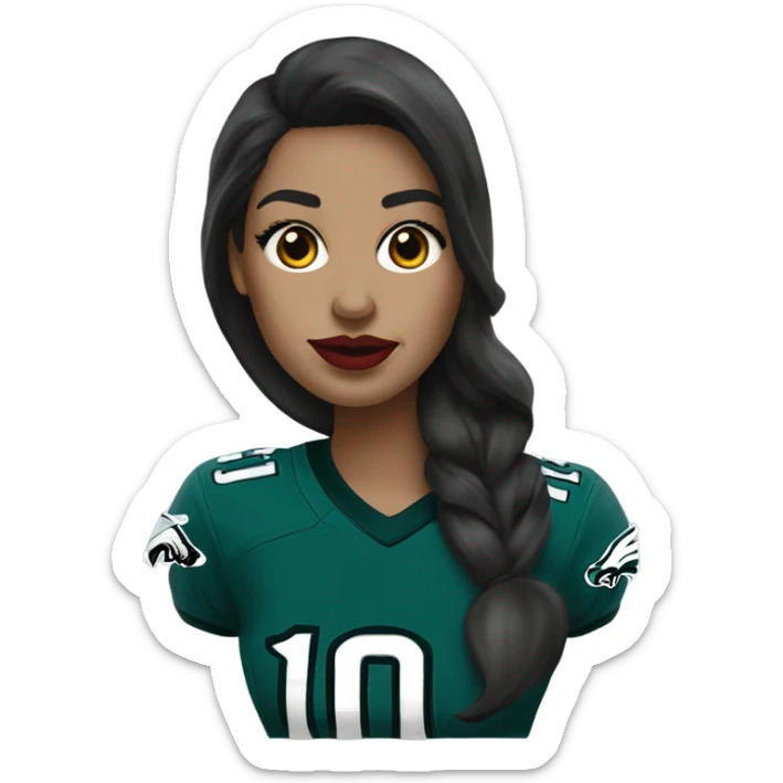 White female long dark hair red lips wearing Philadelphia Eagles jersey sticker