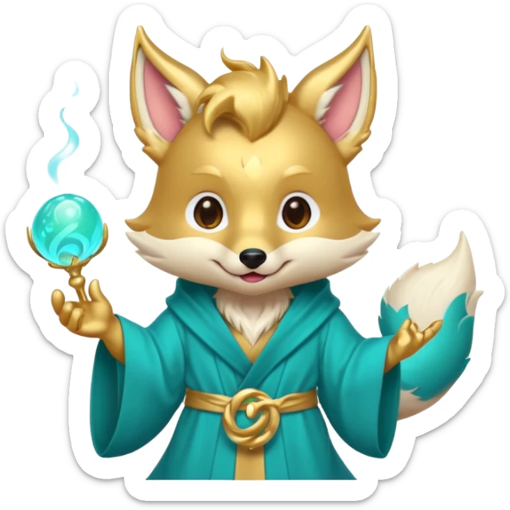 Cute chibi teal fox-dragon emoji with small antler horns, playful face with tongue out, swirl eyebrows, gold forehead mark, teal-gold robe, holding glowing blue orbs, soft pastel vector style. sticker