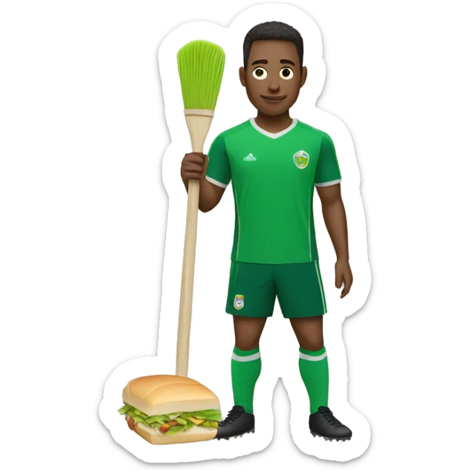 soccer player wearing a green shirt with a broom in their hand eating a sandwich sticker
