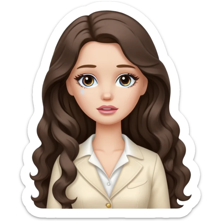 A white Barbie girl with long dark brown wavy hair in cream clothes crying with tears  sticker