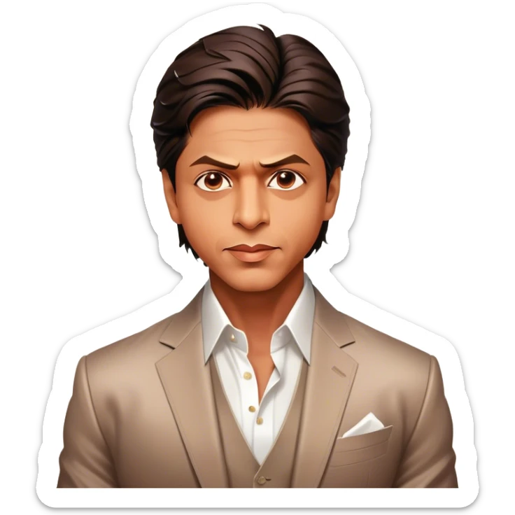 Cinematic Realistic portrait of Shah Rukh Khan, portrayed as a charismatic film star with expressive features and stylish contemporary attire, rendered in rich, dynamic lighting that captures his magnetic presence sticker