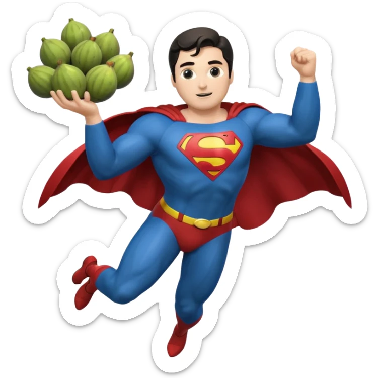 Superman in his suit flying with a bunch of figs in his arms sticker