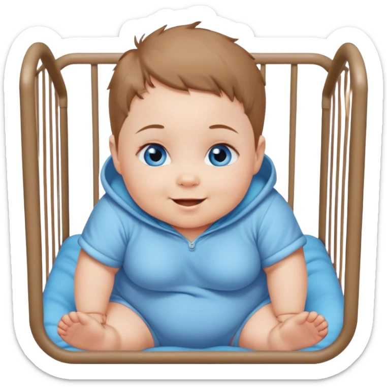 Blue-eyed baby girl with short light brown hair, chubby pants cheeks, mischievous smile in playpen  sticker
