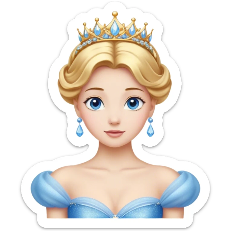 Cinematic Stunning Cinderella Portrait Emoji, Radiant in her sparkling blue ball gown, golden hair in a perfect updo, soft blue eyes full of wonder, glistening tiara, glowing with an ethereal beauty, regal yet kind, a dreamlike aura surrounds her, capturing the essence of a fairy tale princess, elegant and breathtaking! sticker