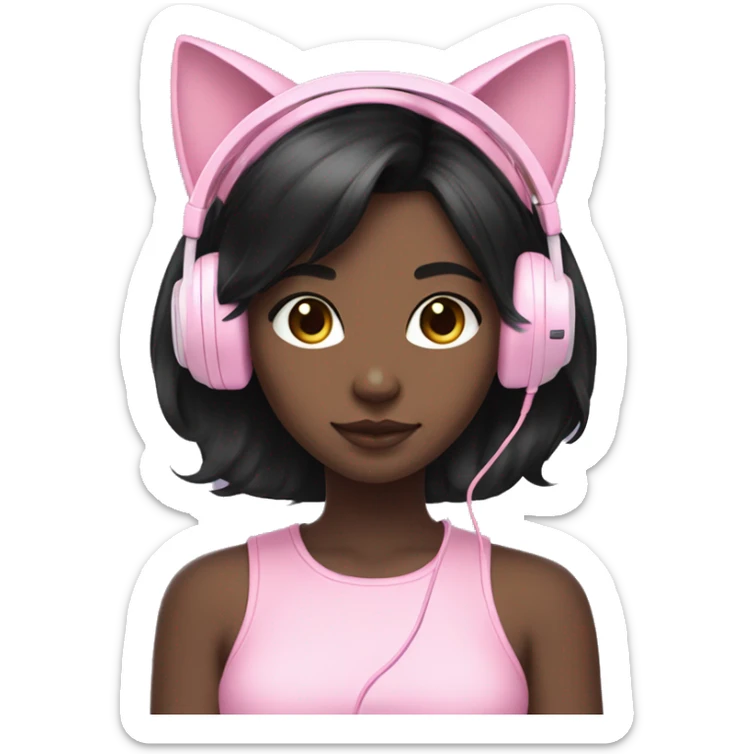 Black hair girl with pastel pink gaming headset that has cat ears  sticker